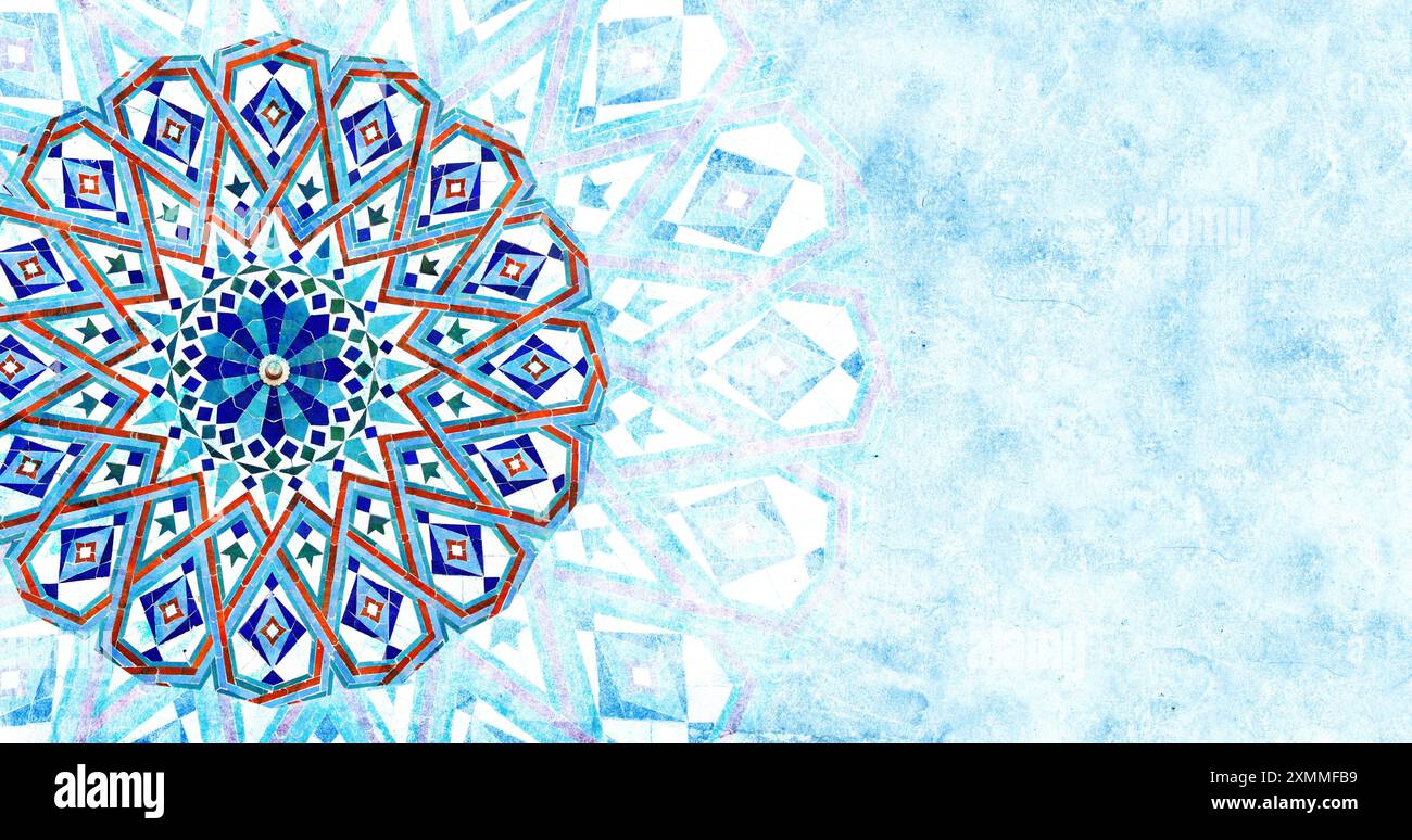 Détail du mur traditionnel de mosaïque persane avec ornement géométrique et floral, Iran. Fond horizontal ou vertical avec carreau de céramique de colo bleu Banque D'Images