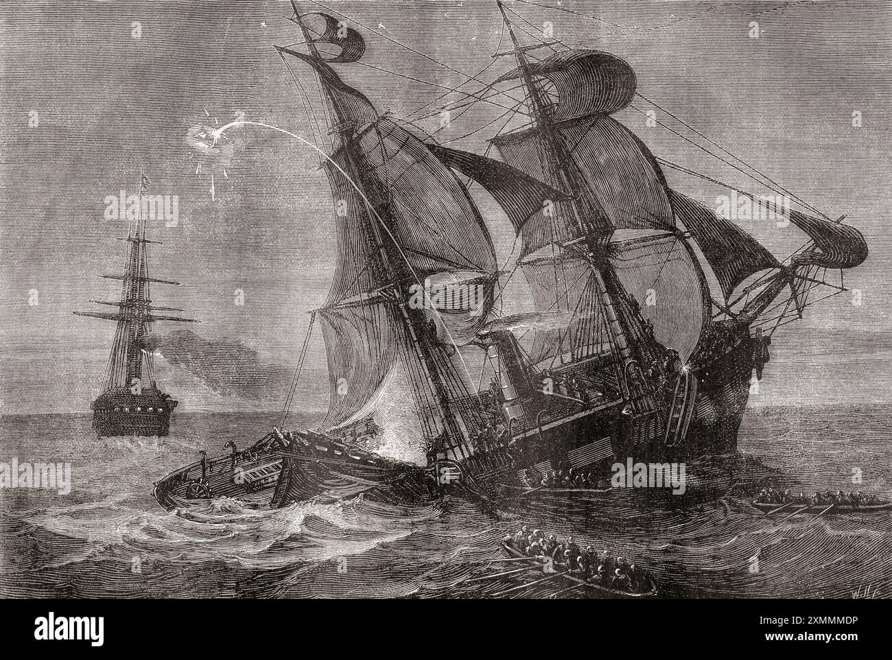 Collision entre le sloop de guerre USS Oneida et le vapeur britannique Bombay, au large de Yokohama, au Japon, 1870. Extrait de Cassell's Illustrated History of England, publié vers 1880. Banque D'Images