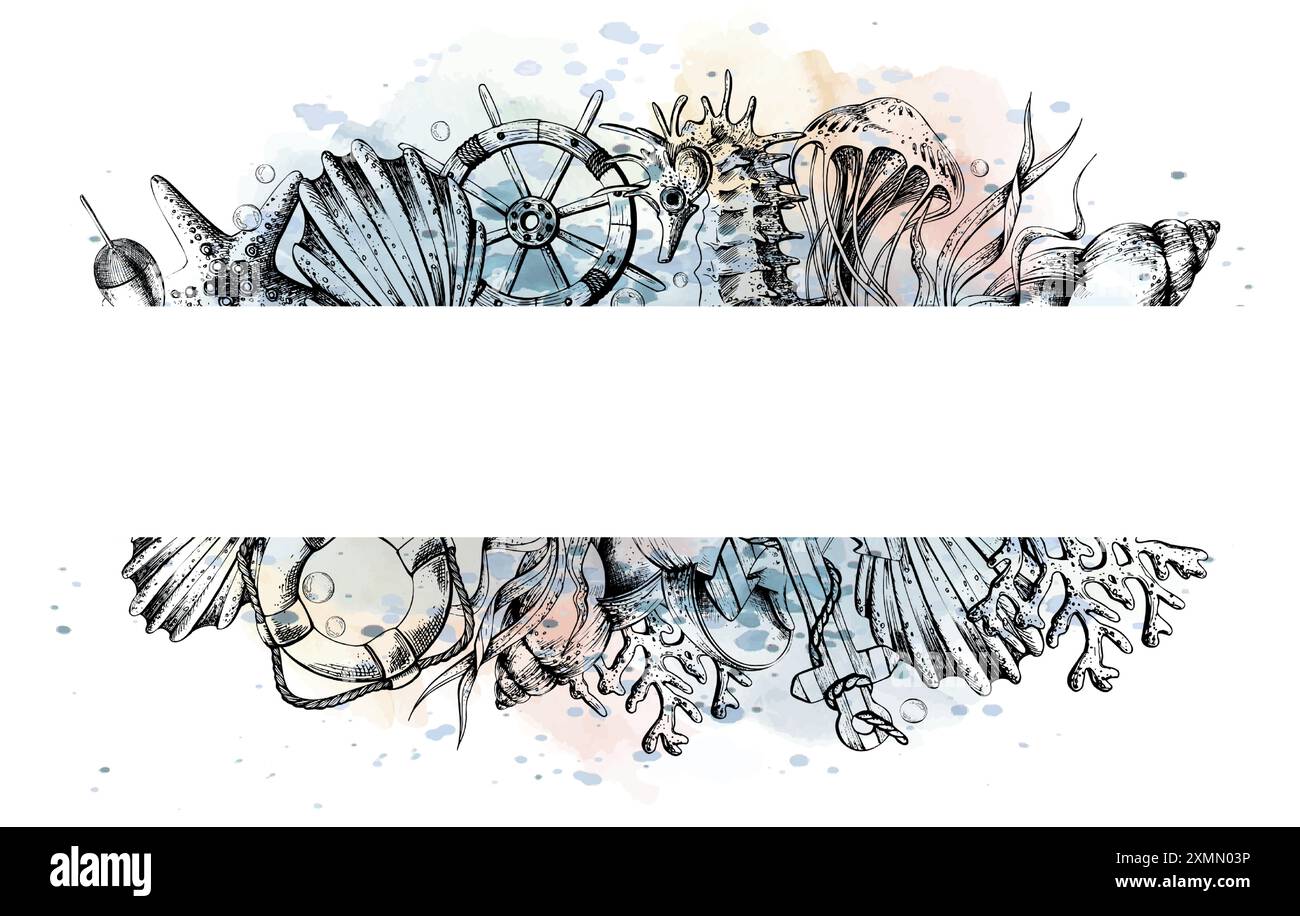 Animaux marins avec ancre, bouée de sauvetage et volant. Illustration de dessin au trait graphique en noir et blanc, dessiné à la main. Planche horizontale Illustration de Vecteur