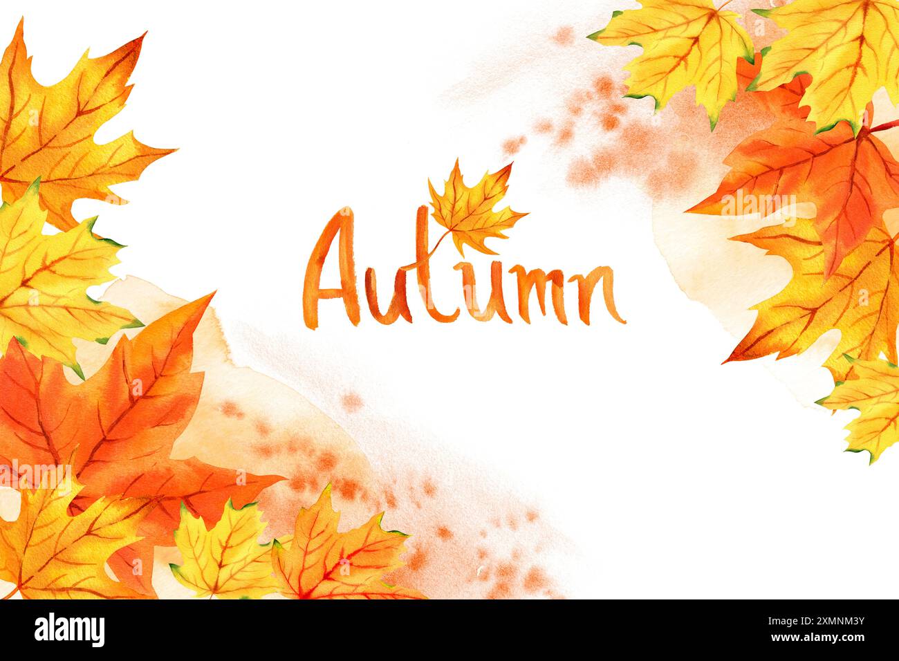 Cadre aquarelle avec feuilles d'automne et lettrage automne, feuilles d'érable orange, jaune et rouge, illustration dessinée à la main du thème d'automne, croquis, pour au Banque D'Images
