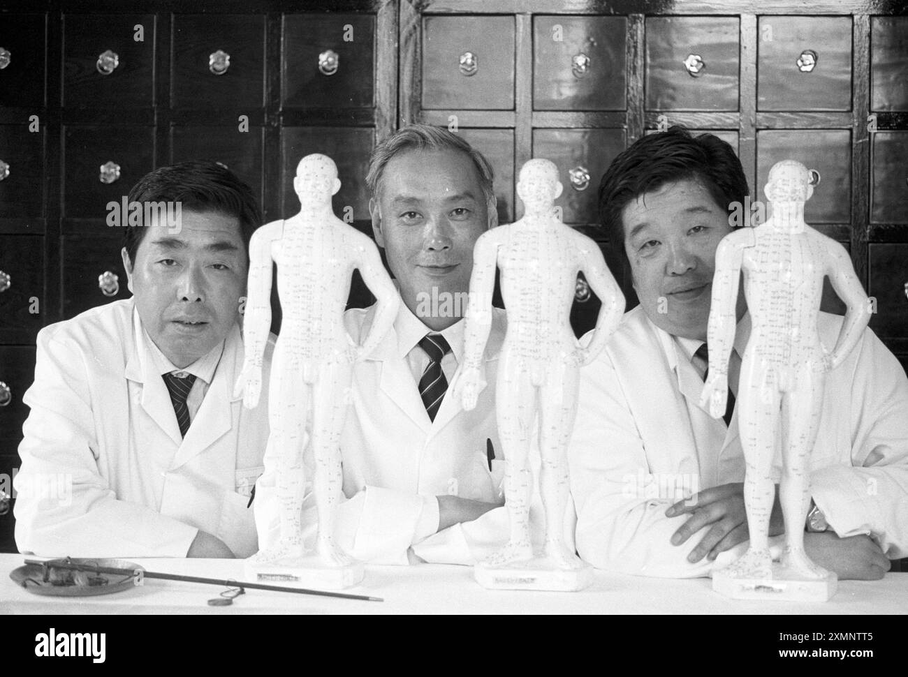 Médecins chinois PracticeChina Dolls .... Le premier centre médical chinois d'Europe a ouvert ses portes à Bath , Avon , sans qu'aucun de ses trois médecins spécialistes ne parle un mot d'anglais. Un interprète médicalement formé travaille avec les médecins , l'acupuncteur Su Ming Li , l'herboriste Chen Ruiqi et le spécialiste des massages Wang Zhen pour assurer la liaison avec les patients pour trouver où cela fait mal. Les médecins sont venus à Bath de l'hôpital de Tianjin, Chine pour pratiquer les thérapies de 2 000 ans 31 mai 1991 photo de Roger Bamber Banque D'Images