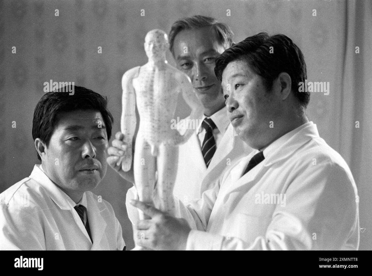 Médecins chinois PracticeChina Dolls .... Le premier centre médical chinois d'Europe a ouvert ses portes à Bath , Avon , sans qu'aucun de ses trois médecins spécialistes ne parle un mot d'anglais. Un interprète médicalement formé travaille avec les médecins , l'acupuncteur Su Ming Li , l'herboriste Chen Ruiqi et le spécialiste des massages Wang Zhen pour assurer la liaison avec les patients pour trouver où cela fait mal. Les médecins sont venus à Bath de l'hôpital de Tianjin, Chine pour pratiquer les thérapies de 2 000 ans 31 mai 1991 photo de Roger Bamber Banque D'Images