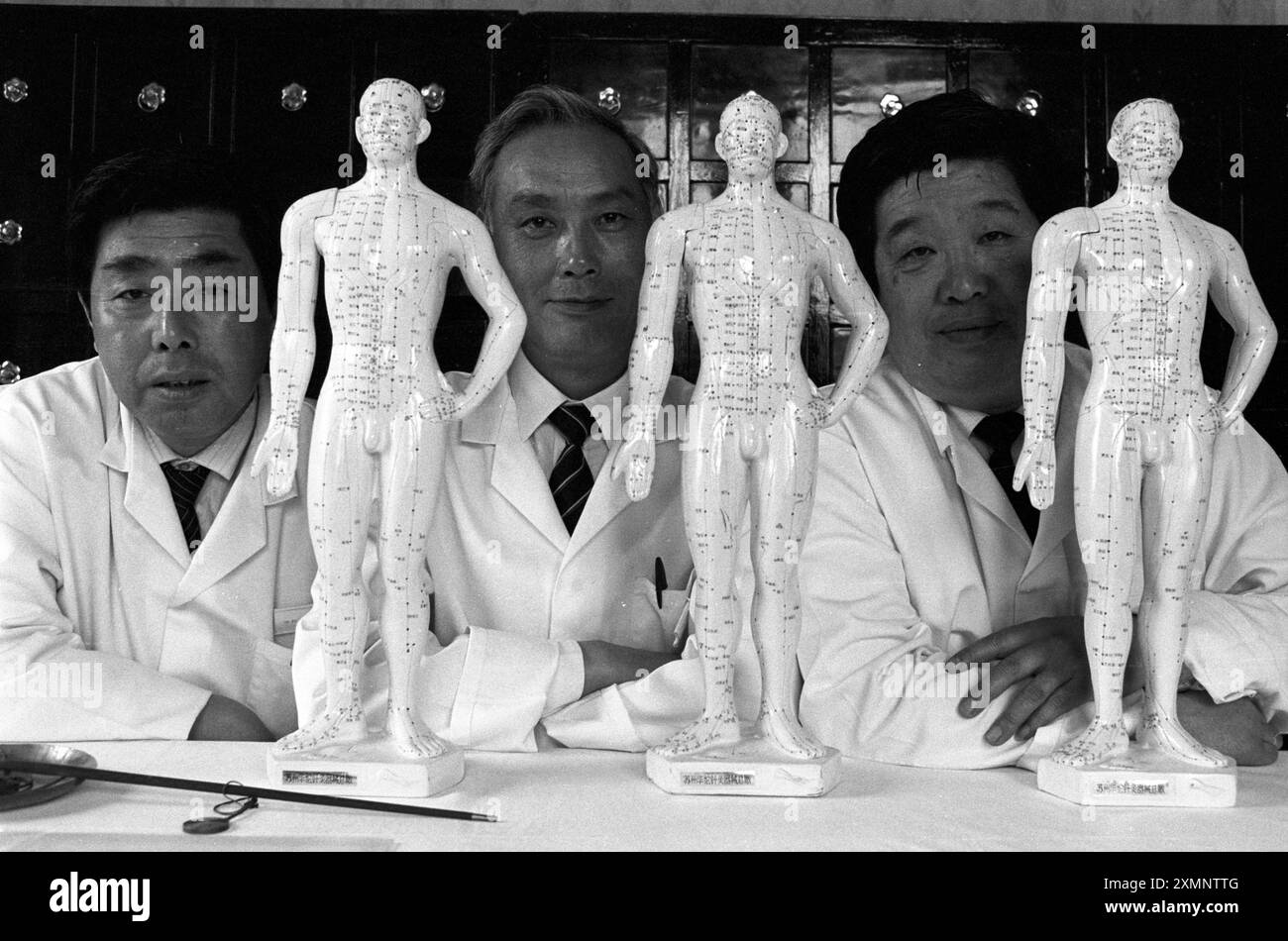 Médecins chinois PracticeChina Dolls .... Le premier centre médical chinois d'Europe a ouvert ses portes à Bath , Avon , sans qu'aucun de ses trois médecins spécialistes ne parle un mot d'anglais. Un interprète médicalement formé travaille avec les médecins , l'acupuncteur Su Ming Li , l'herboriste Chen Ruiqi et le spécialiste des massages Wang Zhen pour assurer la liaison avec les patients pour trouver où cela fait mal. Les médecins sont venus à Bath de l'hôpital de Tianjin, Chine pour pratiquer les thérapies de 2 000 ans 31 mai 1991 photo de Roger Bamber Banque D'Images