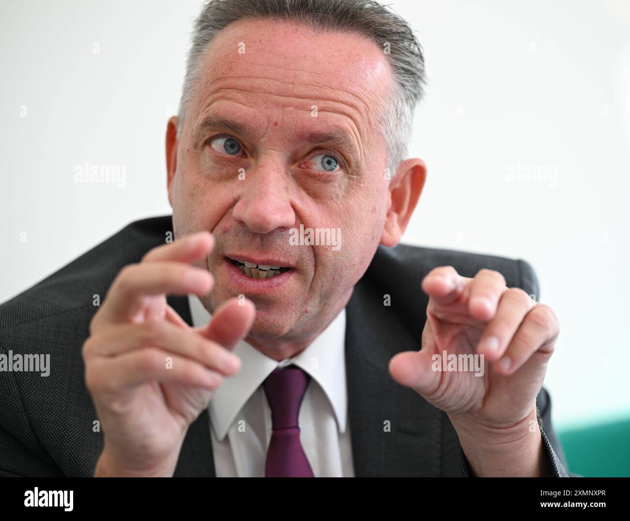 Wiesbaden, Allemagne. 29 juillet 2024. Günter Berz-List, PDG de Schwälbchen Molkerei Jakob Berz AG Bad Schwalbach, s’exprime lors d’une interview avec l’agence de presse allemande dpa sur le canapé vert. Crédit : Arne Dedert/dpa/Alamy Live News Banque D'Images