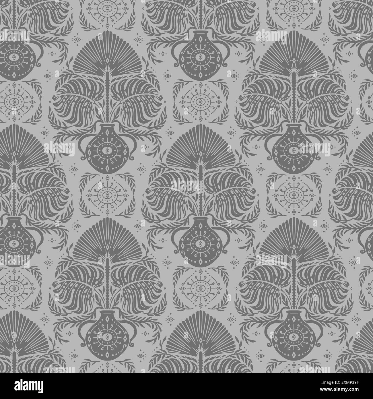 Motif Damas gris sans couture avec motifs tropicaux Illustration de Vecteur