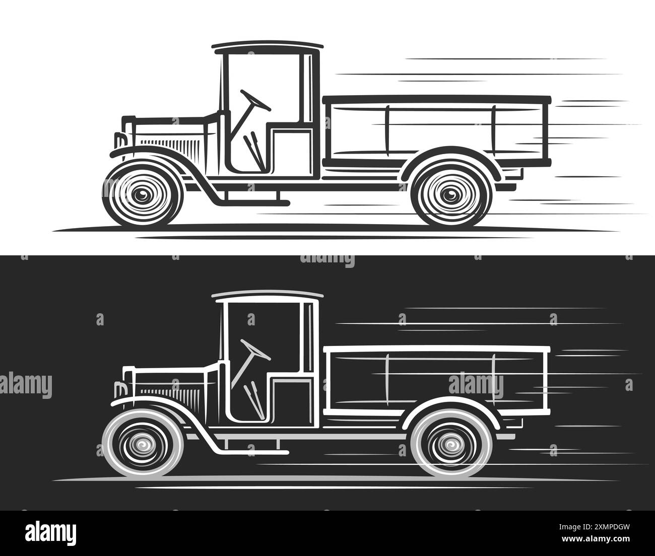 Logo vectoriel pour Truck rétro, bannière automobile horizontale avec illustration de contour clip art de camion vintage en mouvement, dessin au trait en cours d'exécution monochrome c Illustration de Vecteur
