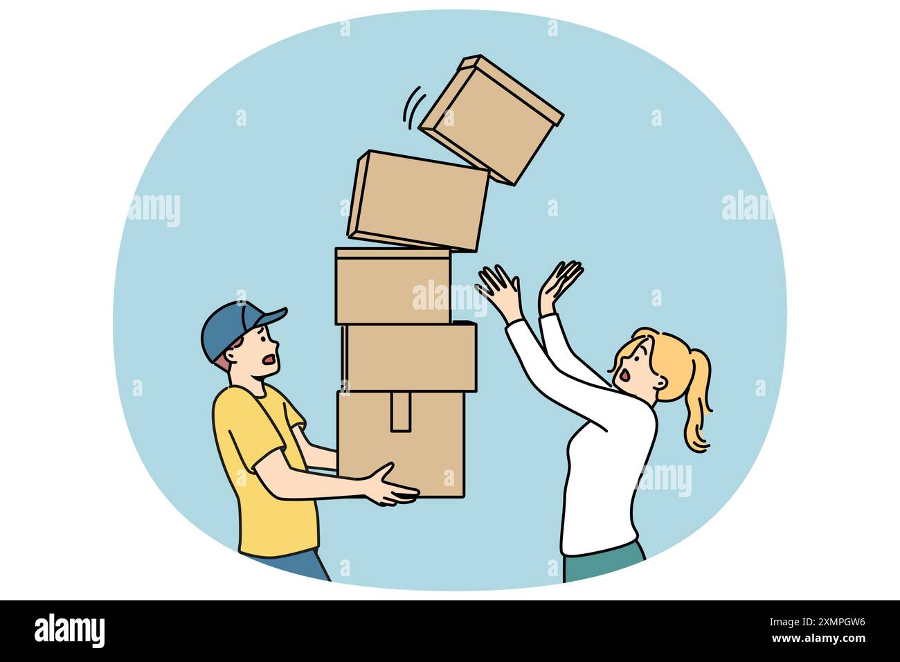 Le courrier d'homme porte la pile de boîtes et laisse tomber un des colis debout près de la femme destinataire de l'ordre. Le courrier maladroit risque de gâcher les marchandises lors de la livraison en raison d'un manque de professionnalisme Illustration de Vecteur