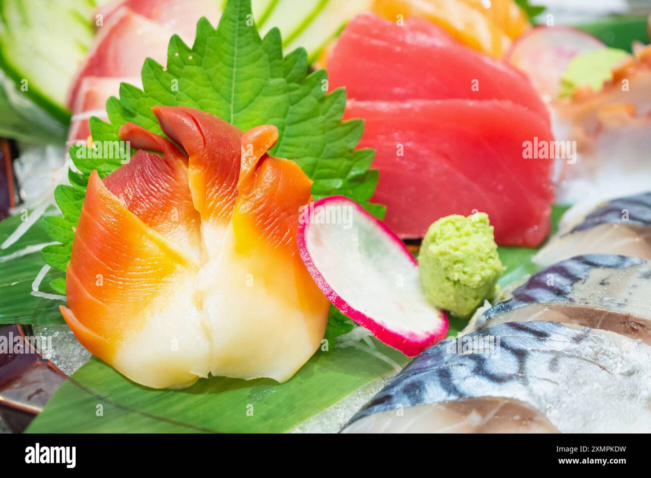 les sashimi mix set comprennent le saumon, le thon, le saba, le tai, le tako et le hokkigai Banque D'Images