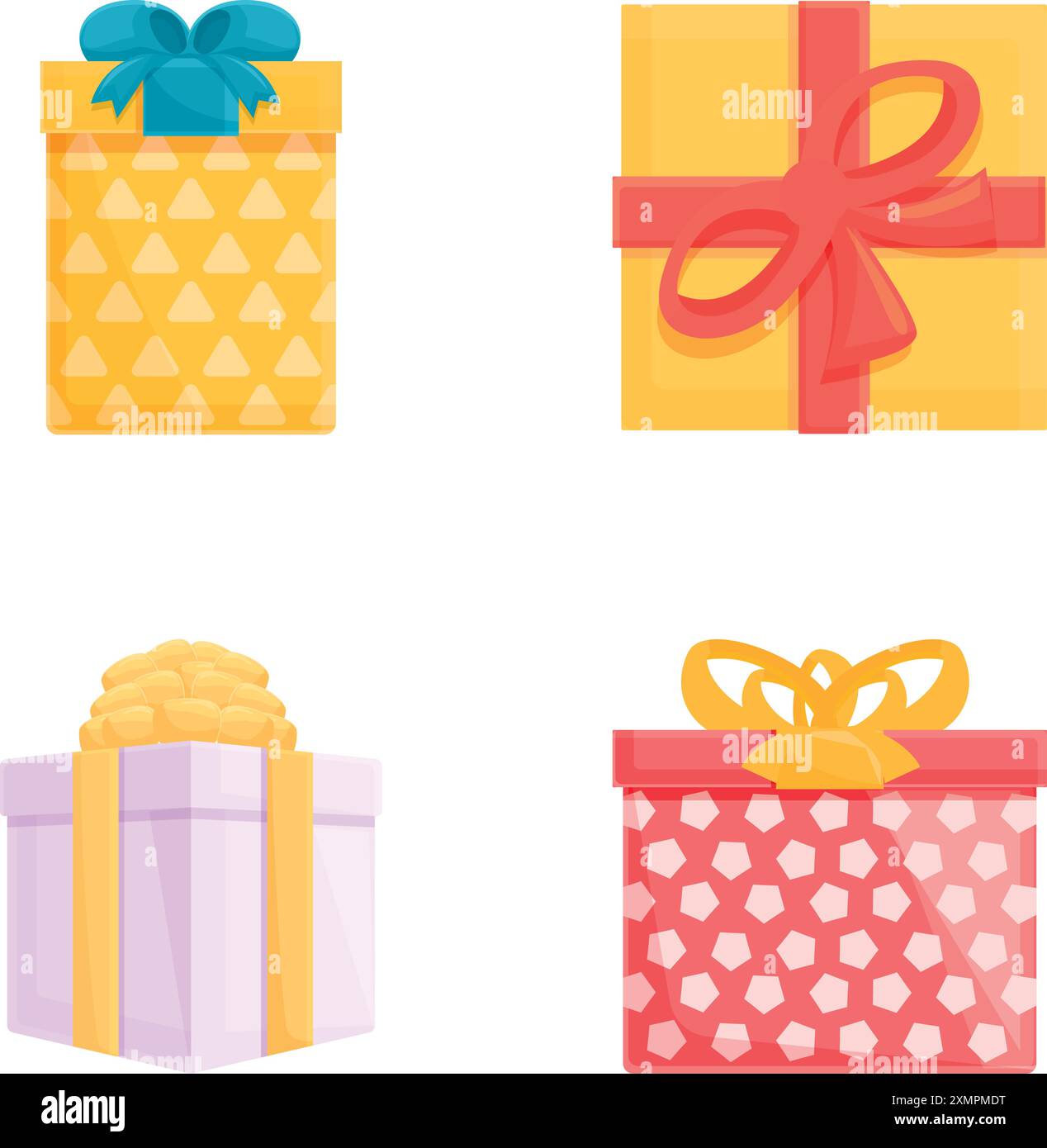 Les icônes de boîte lumineuses définissent le vecteur de dessin animé. Boîte cadeau variée avec ruban. Surprise, événement festif Illustration de Vecteur