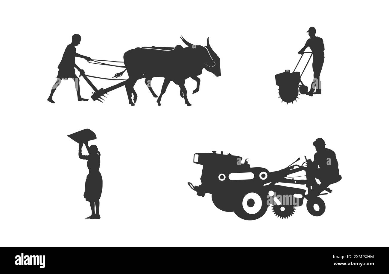 Agriculteur avec des silhouettes de véhicule, silhouette d'agriculteur agricole Illustration de Vecteur