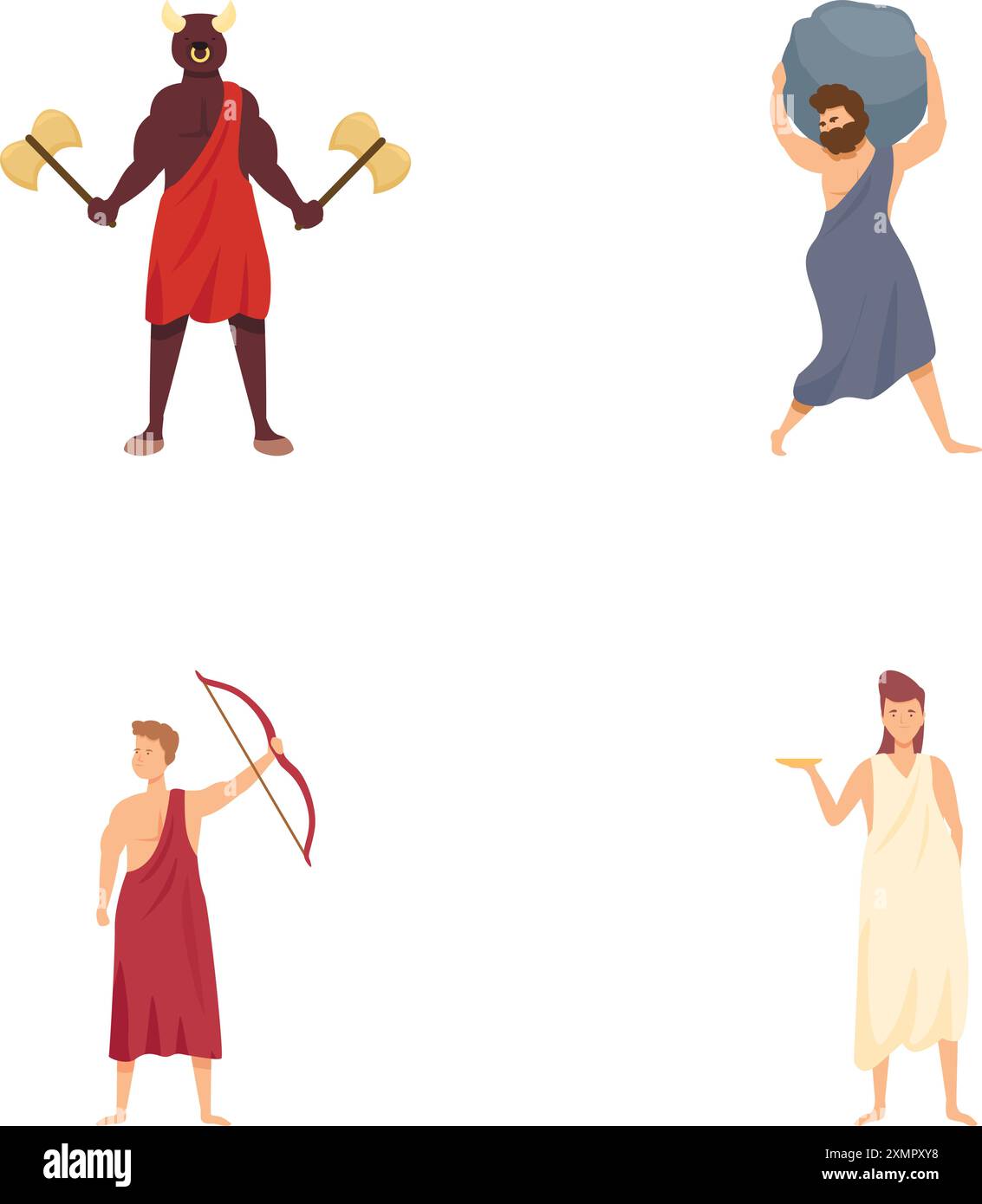 Ensemble d'illustrations mettant en vedette des figures de la mythologie grecque, y compris un guerrier, un archer, et des individus tenant des artefacts Illustration de Vecteur