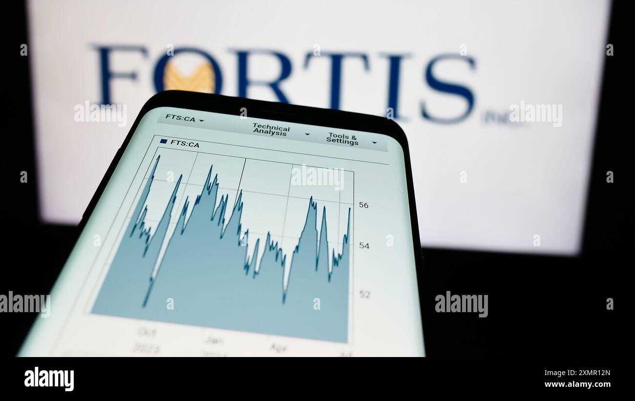 Téléphone mobile avec le site Web de l'entreprise canadienne de services publics d'électricité Fortis Inc. devant le logo de l'entreprise. Concentrez-vous sur le coin supérieur gauche de l'écran du téléphone. Banque D'Images