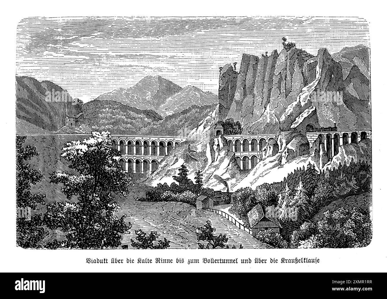 Le chemin de fer de Semmering sur le viaduc de Kalte Rinne est un exploit remarquable de l'ingénierie du XIXe siècle, mettant en valeur l'ingéniosité de son époque. Enjambant la gorge de Krauselklause et menant au Bollertunnel, ce viaduc constitue une partie essentielle du premier chemin de fer de montagne en Europe, achevé en 1854. Ses arches élégantes et sa construction robuste se marient parfaitement avec le paysage autrichien accidenté, représentant une union harmonieuse de la nature et de la technologie. La gravure capture la structure majestueuse au milieu de montagnes et de forêts imposantes, reflétant à la fois les prouesses architecturales et la beauté pittoresque Banque D'Images