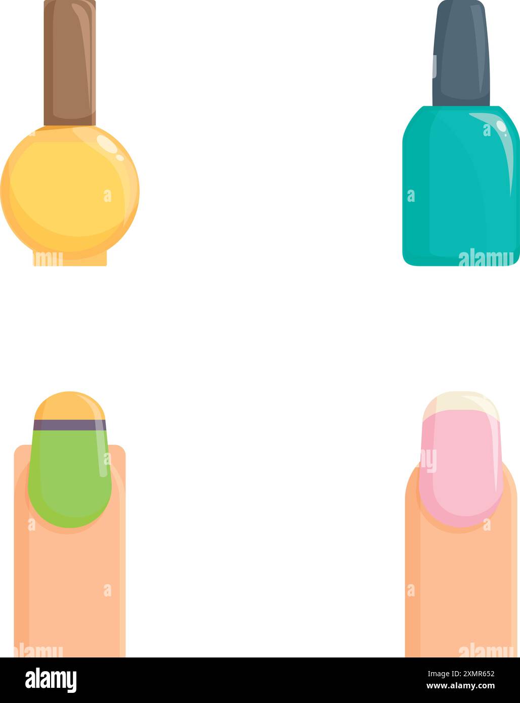 Collection de bouteilles de vernis à ongles en différentes couleurs et ongles peints assortis Illustration de Vecteur