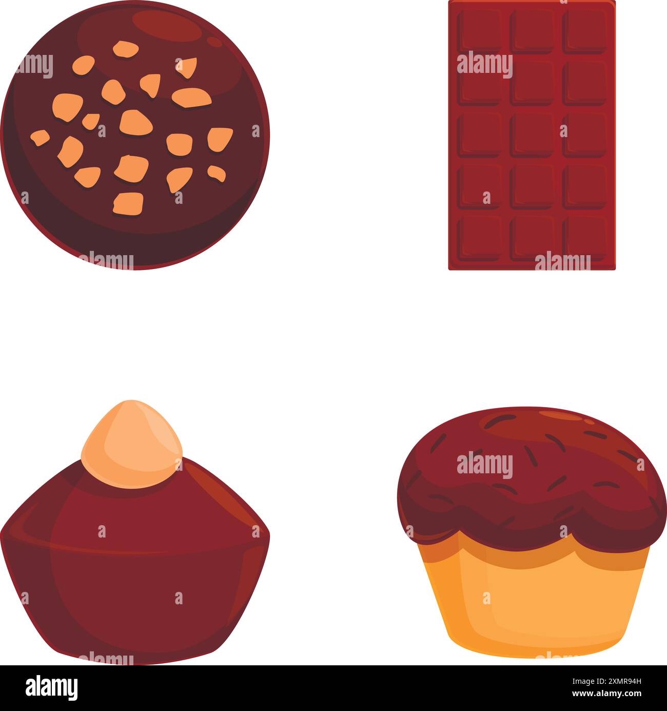 Assortiment de gâteries au chocolat avec une variété de délicieuses confiseries et produits de boulangerie, y compris des bonbons, des barres, des chips, des pralines, muffins, et plus encore. Parfait pour satisfaire votre dent sucrée Illustration de Vecteur