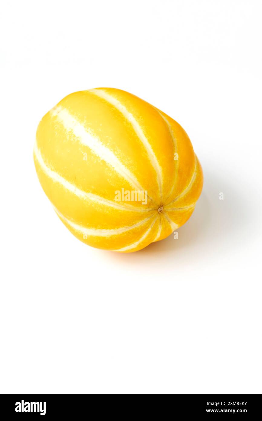 Fruit de melon coréen oriental isolé sur fond blanc. Cultivars de Cucumis melo produits en Asie de l'est. Plante parfumée jaune. Meilleur Chamoe Banque D'Images