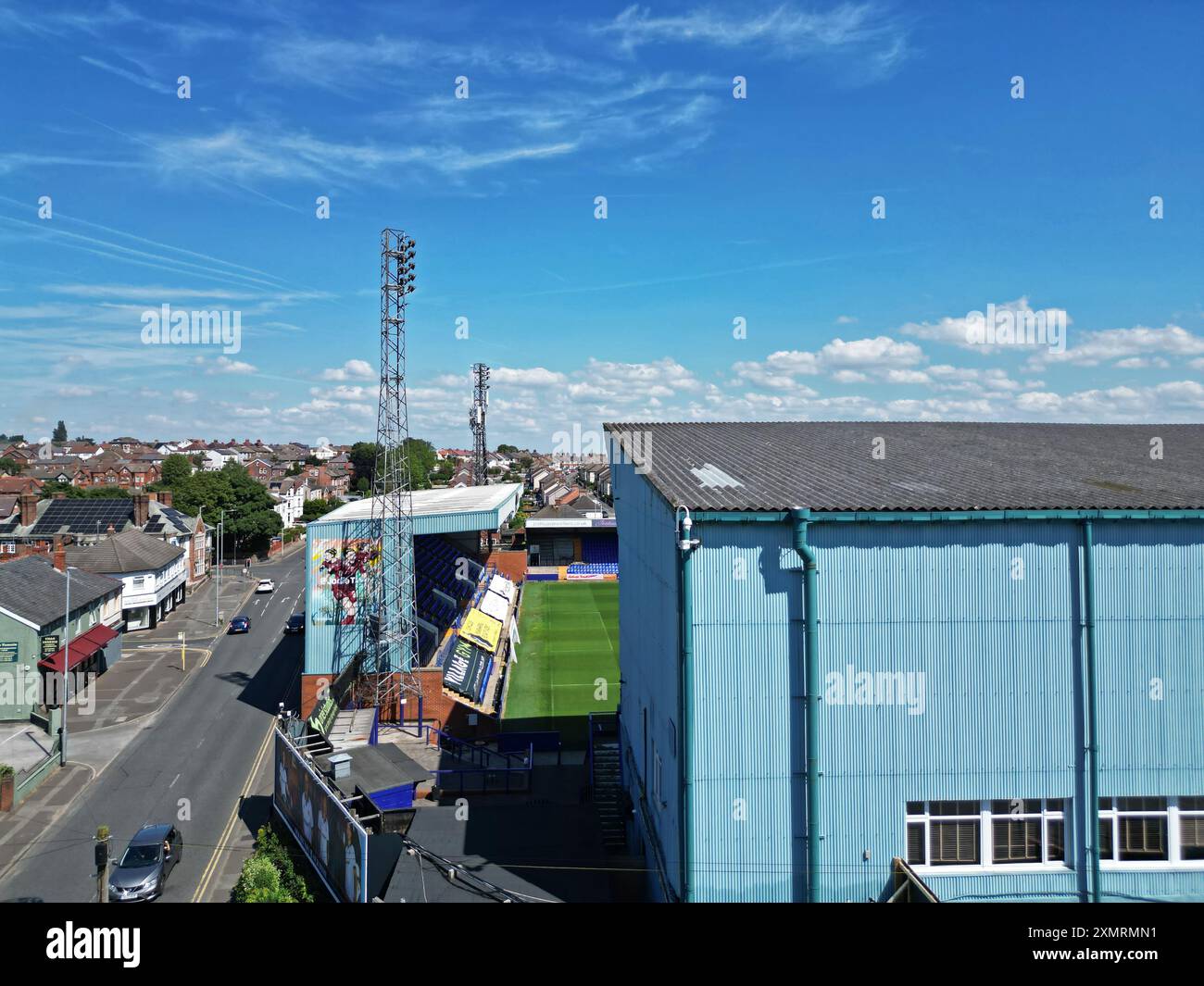 Vue aérienne de Prenton Park, stade du club de football Tranmere Rovers. Banque D'Images