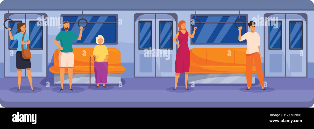 Diverses personnes debout et assis dans une voiture de métro moderne Illustration de Vecteur