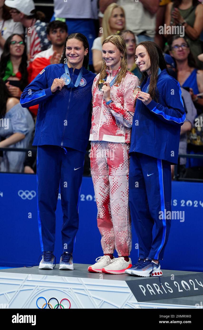 La McIntosh d'été de Canads célèbre avec sa médaille d'or après la finale du médaillé individuel féminin du 400 m à l'aréna la Défense de Paris, le troisième jour des Jeux olympiques de Paris 2024 en France. Date de la photo : lundi 29 juillet 2024. Banque D'Images