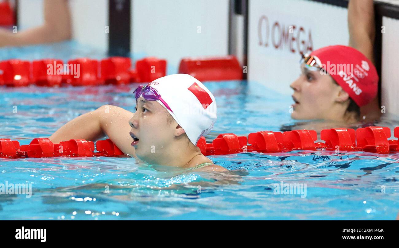 Paris, France. 29 juillet 2024. La chinoise Qianting Tang après avoir remporté l'argent dans la finale du 100 m brasse féminine, lors de la troisième journée des Jeux Olympiques de Paris 2024, Paris, France. Crédit : Isabel Infantes/Alamy Live News Banque D'Images