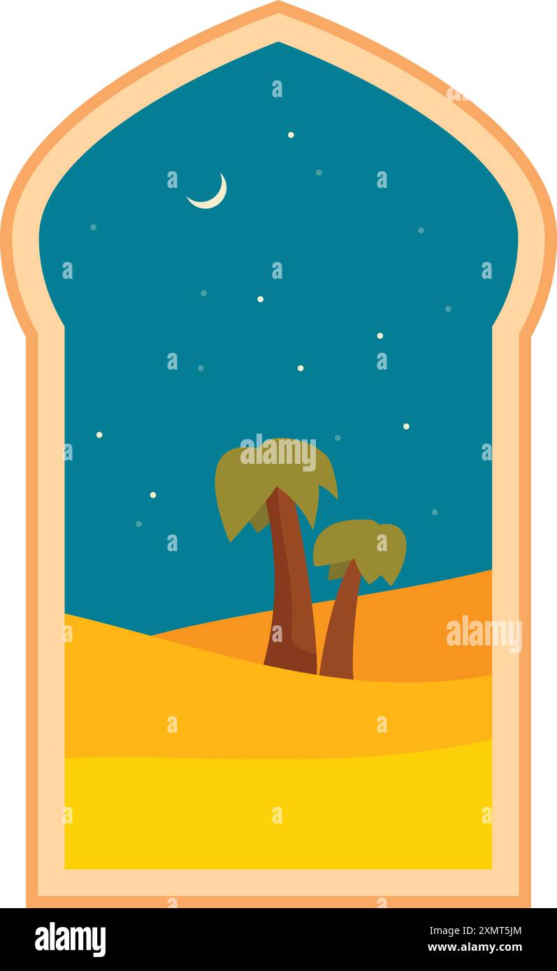Paysage désertique de nuit arabe avec des palmiers, des dunes de sable, un ciel étoilé et un croissant de lune, le tout visible à travers une fenêtre de mosquée Illustration de Vecteur