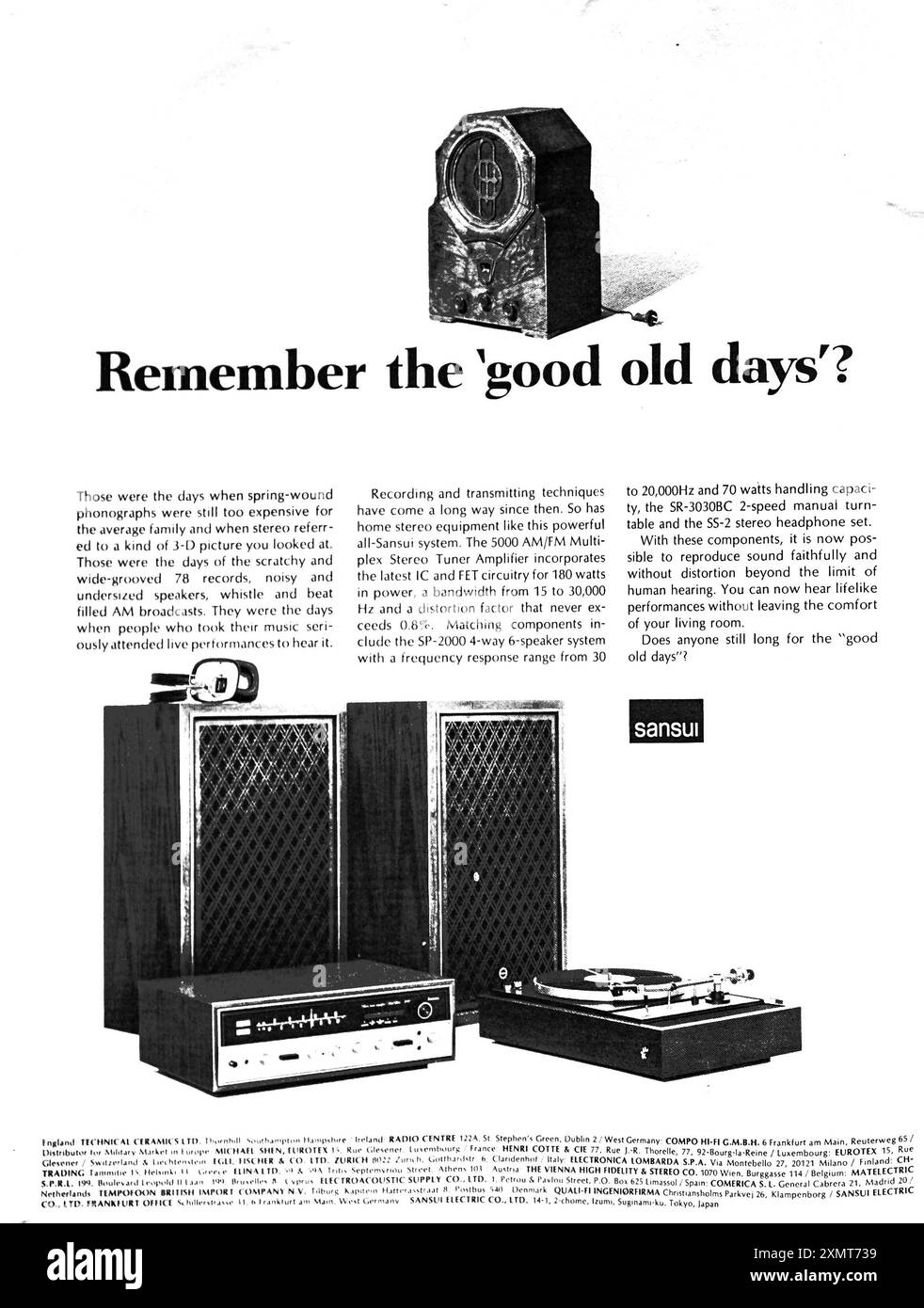 Cette publicité de 1970 présente l'équipement audio vintage Sansui, mettant l'accent sur la qualité sonore nostalgique et les éléments de design classiques. Banque D'Images