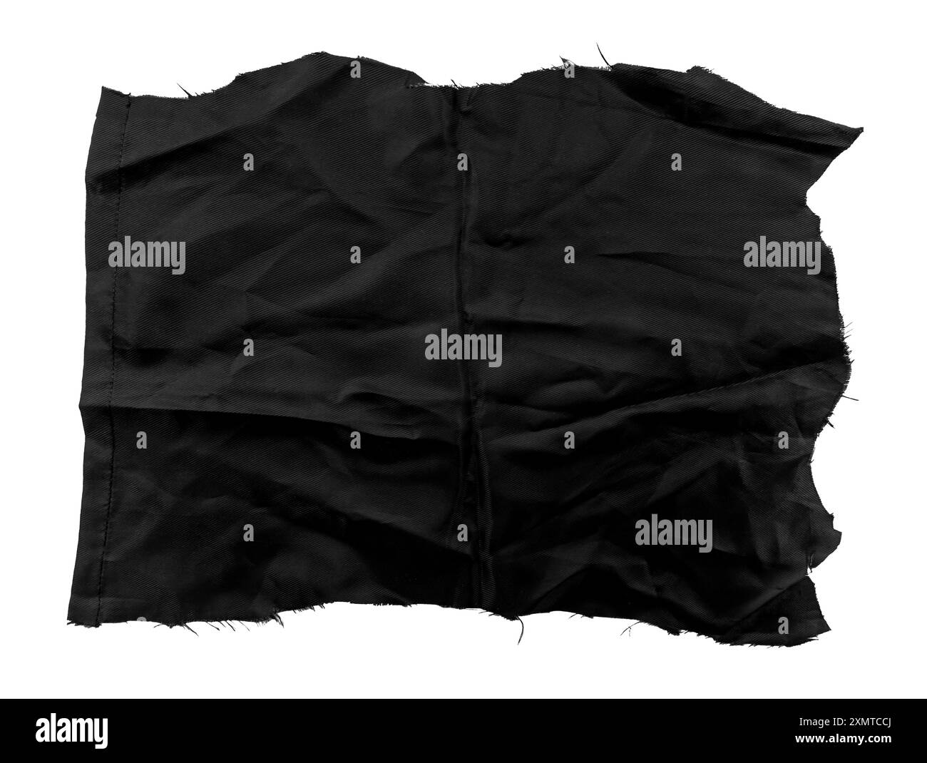 Un morceau de tissu noir déchiré sur un fond blanc. Isolat textile Banque D'Images