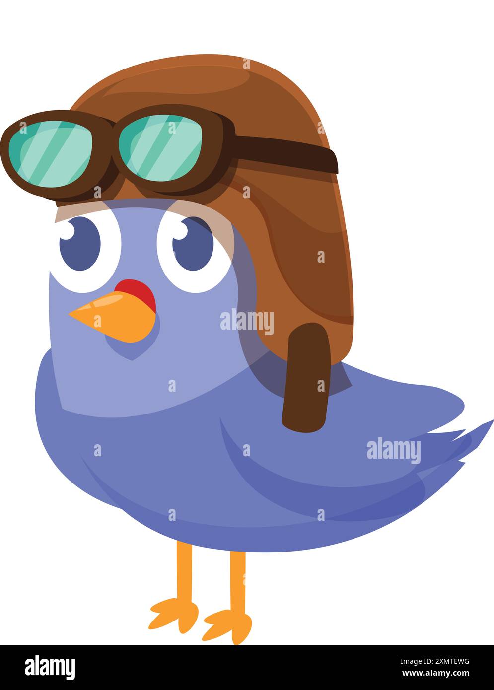 Oiseau bleu de bande dessinée portant un casque aviateur brun et des lunettes regarde vers le haut Illustration de Vecteur