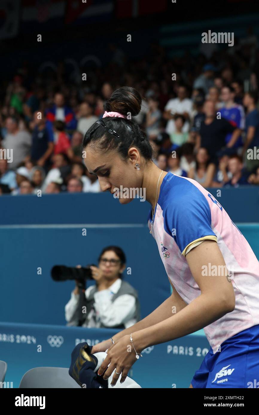 Paris, Ile de France, France. 31 juillet 2024. Jeux Olympiques de Paris 2024 : Tennis de table, South Paris Arena 4.deuxième tour en simple féminin, Manika Batra v. Prithika Pavade,(FRA). Manika Batra a battu Prithika Pavade (FRA) par 4-0. (Crédit image : © Seshadri Sukumar/ZUMA Press Wire) USAGE ÉDITORIAL SEULEMENT! Non destiné à UN USAGE commercial ! Banque D'Images