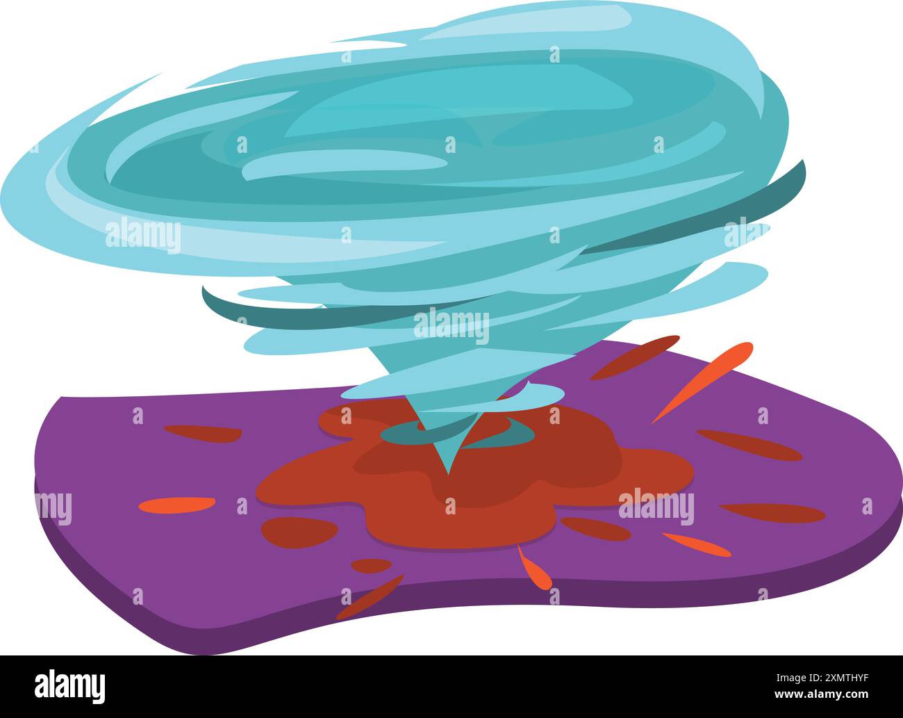 Tornade de dessin animé tourbillonnant sur une surface violette, laissant un cratère dans son sillage Illustration de Vecteur