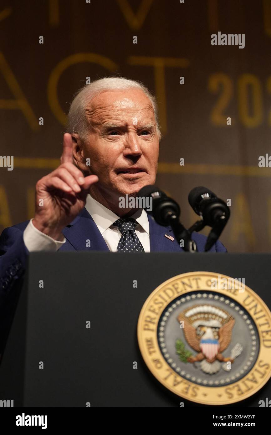 29 juillet 2024 : le président américain JOE BIDEN prononce une allocution à la bibliothèque présidentielle de LBJ pour commémorer le 60e anniversaire de la loi sur les droits civils lundi 29 juillet 2024 à Austin. (Crédit image : © Mikala Compton via ZUMA Press Wire) USAGE ÉDITORIAL SEULEMENT! Non destiné à UN USAGE commercial ! Banque D'Images