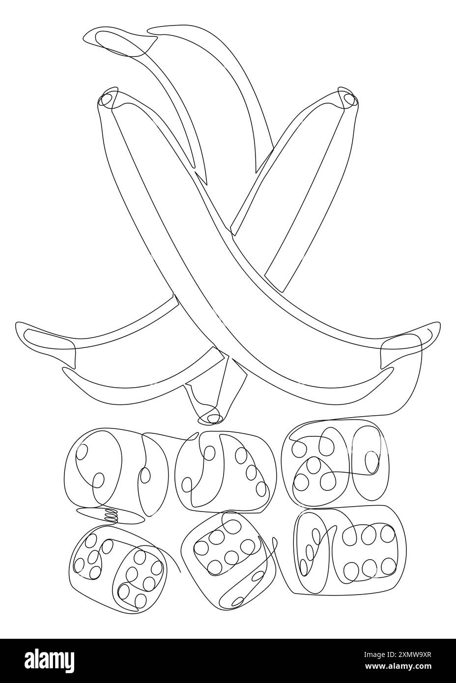 Une ligne continue de bananes et de dés. Concept vectoriel d'illustration de ligne mince. Contour Drawing idées créatives. Illustration de Vecteur