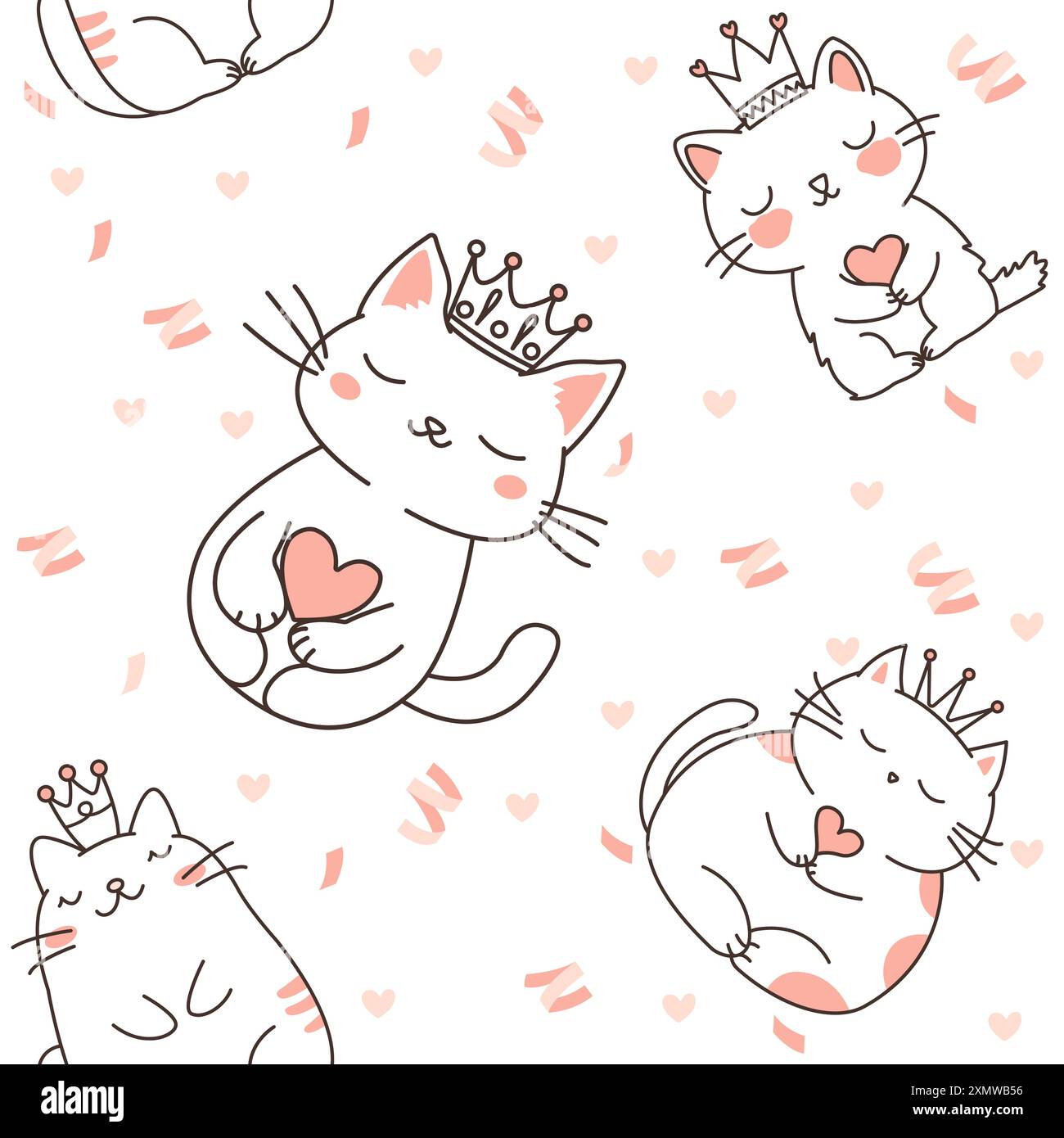 Motif sans couture de mignon chat Queen portant couronne avec décoration Confetti en papier rose Illustration de Vecteur