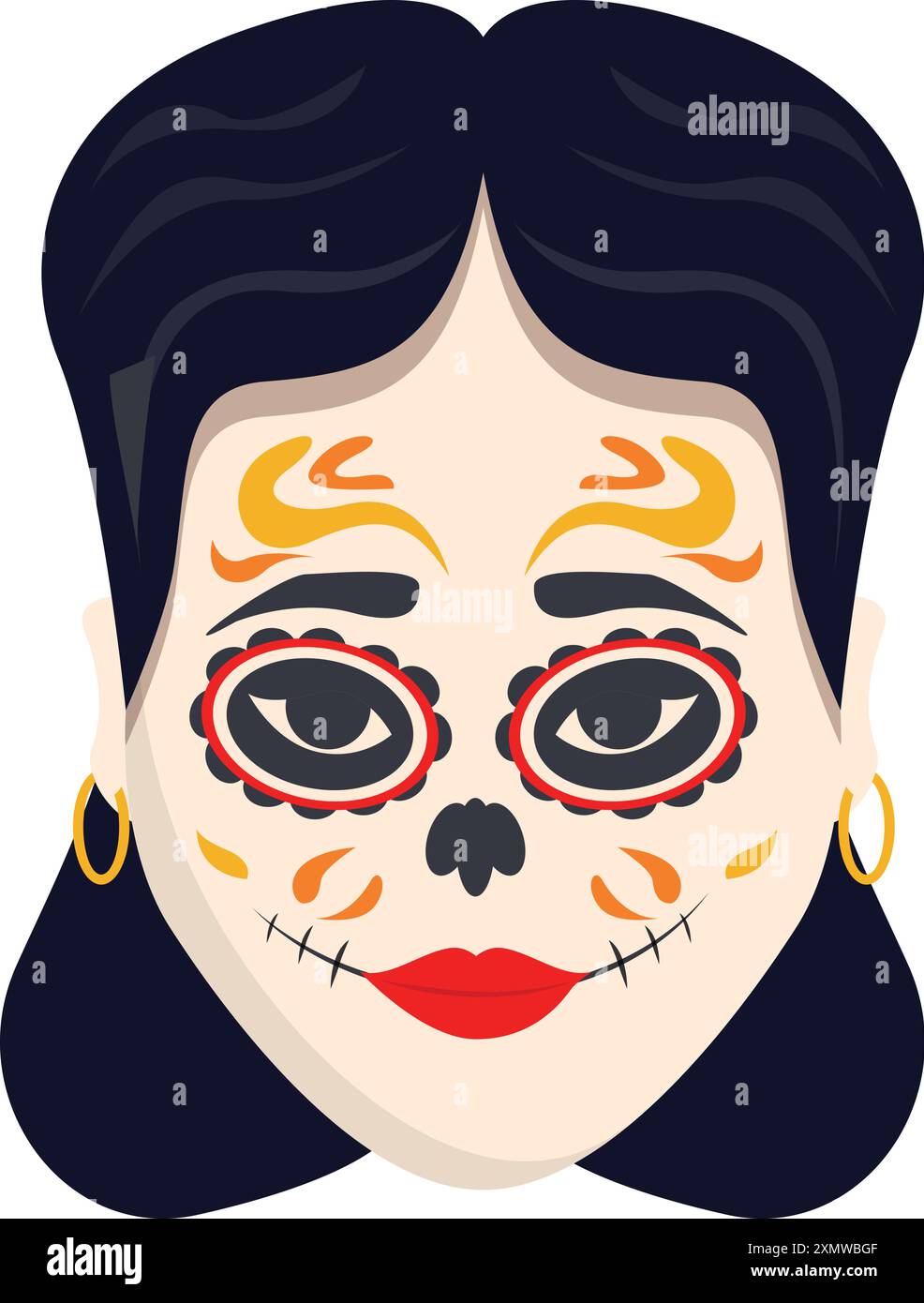 Femme aux cheveux noirs et rouge à lèvres portant le maquillage traditionnel calavera pour le jour des morts Illustration de Vecteur
