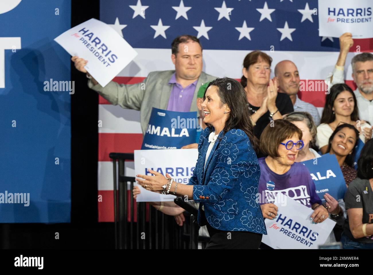 Ambler, États-Unis. 29 juillet 2024. Gretchen Whitmer, gouverneur du Michigan, assiste à un rassemblement de soutien à Harris pour la présidence avec Josh Shapiro, gouverneur de Pennsylvanie à la Wissahickon High School. (Photo de Lev Radin/Pacific Press) crédit : Pacific Press Media production Corp./Alamy Live News Banque D'Images