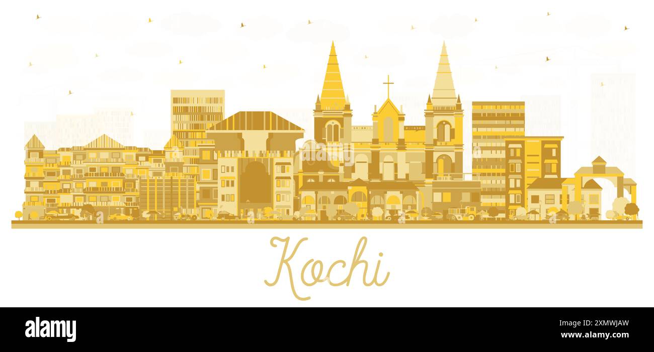 Silhouette de Kochi India City Skyline avec des bâtiments dorés isolés sur blanc. Illustration vectorielle. Illustration de Vecteur