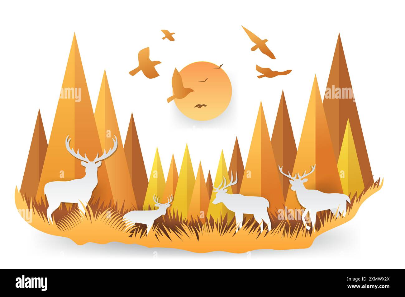 Cerf dans le paysage forestier d'automne avec le soleil des montagnes et les oiseaux dans le style de coupe de papier Illustration de Vecteur