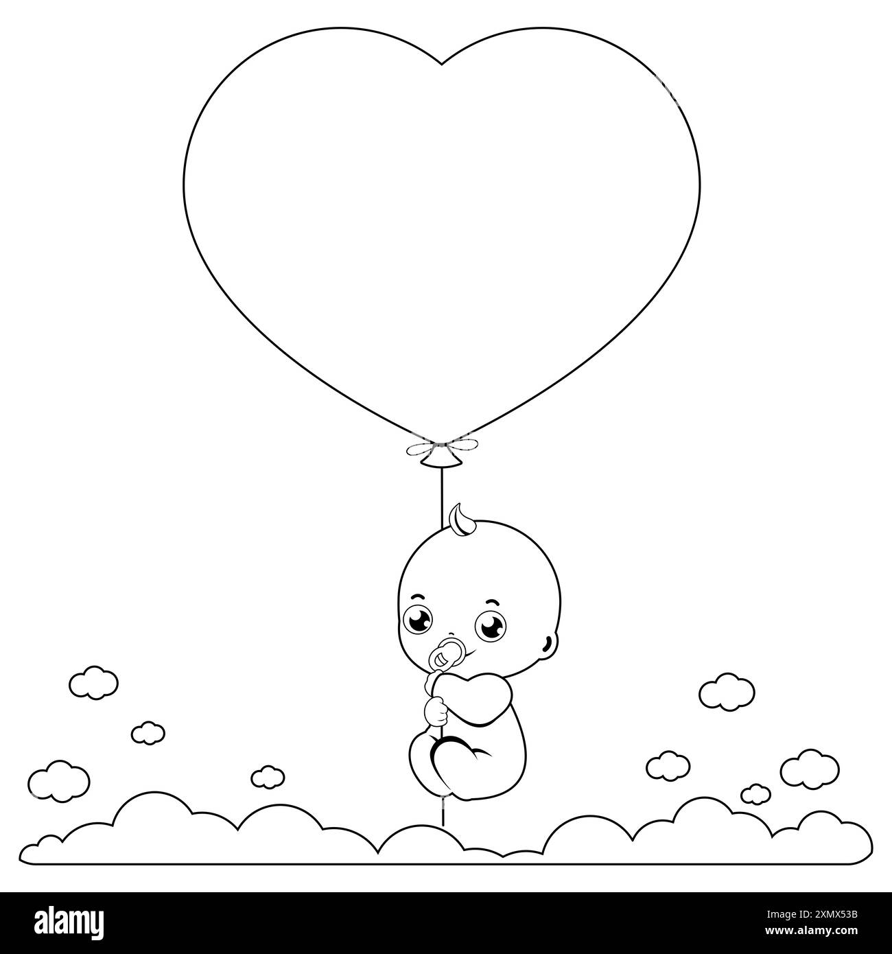 Bébé tenant un ballon. Fête de douche de bébé avec nouveau-né et ballon dans le ciel. Coloriage noir et blanc Banque D'Images