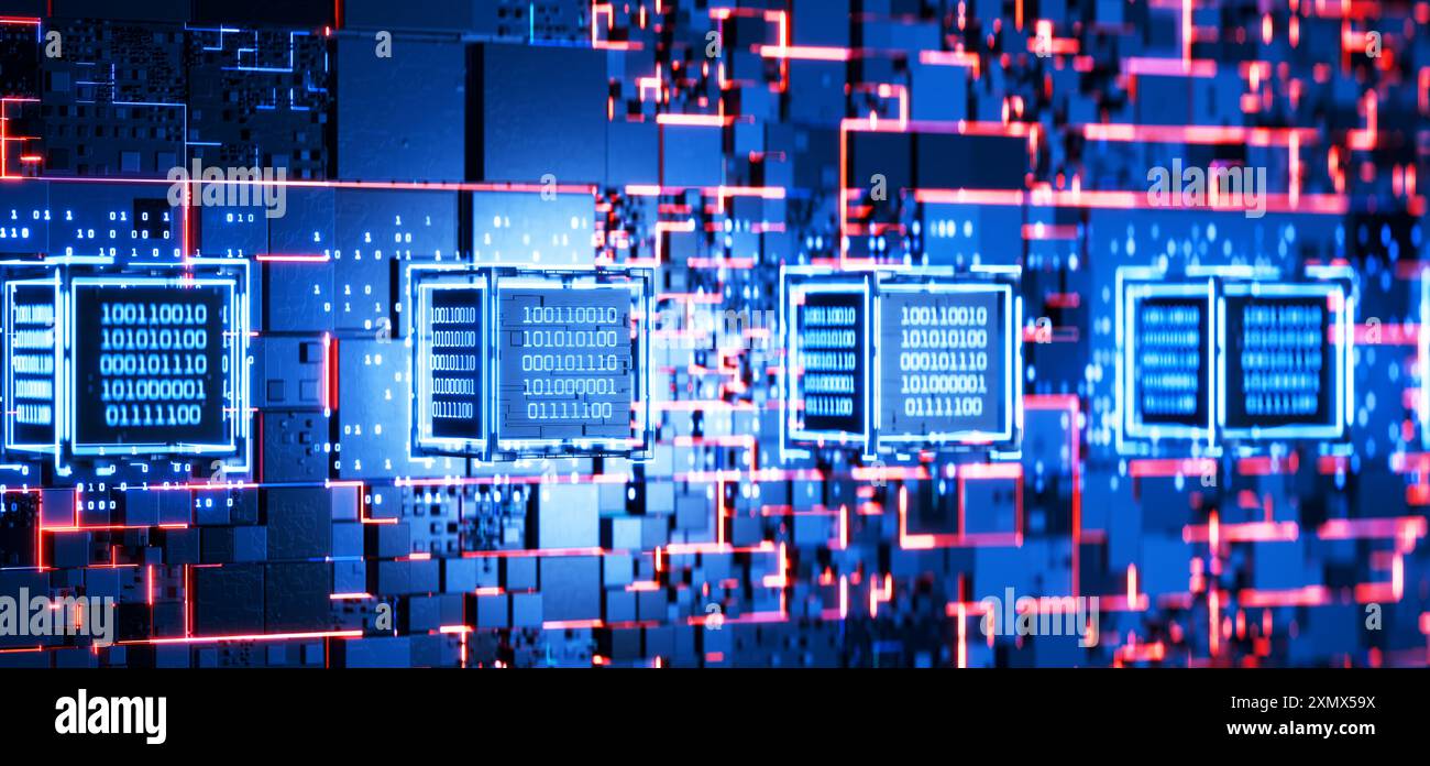 Code binaire. Big Data. Bloc de données. Cube avec code binaire. Code informatique. Fond technique abstrait. Attaque de pirates informatiques. Blockchain. Intellig. Artificiel Banque D'Images