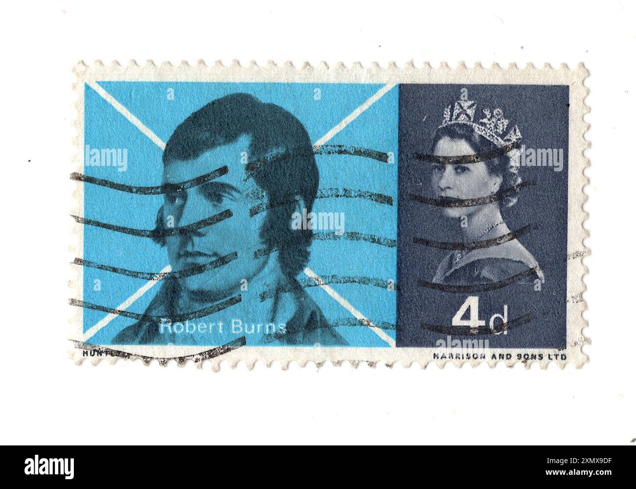 Timbre-poste vintage de la reine Elizabeth II représentant Robert Burns sur fond blanc. Banque D'Images