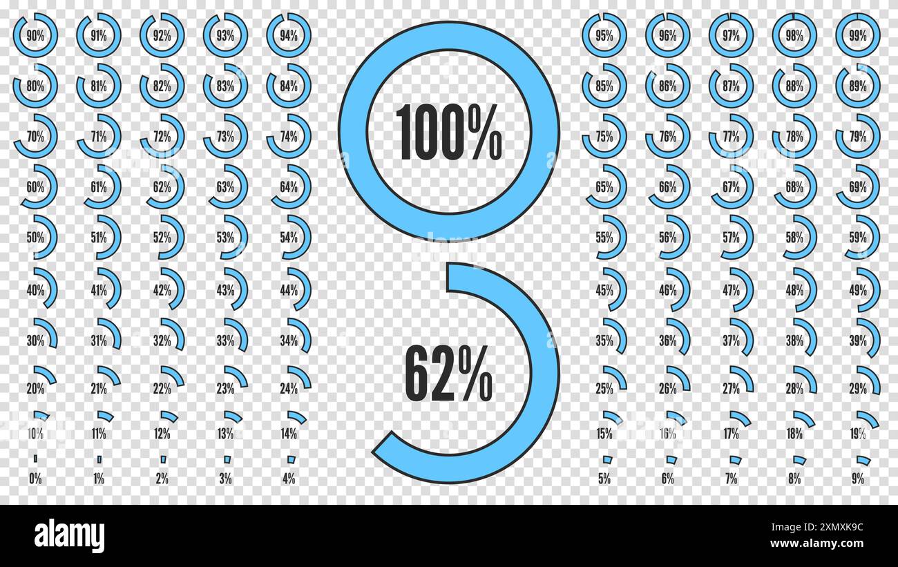 Ensemble d'icône pour infographie. Grande collection pour cent pour l'interface utilisateur UI ou infographie d'entreprise. Diagrammes circulaires de pourcentage de 0 à 100. Noir et Illustration de Vecteur