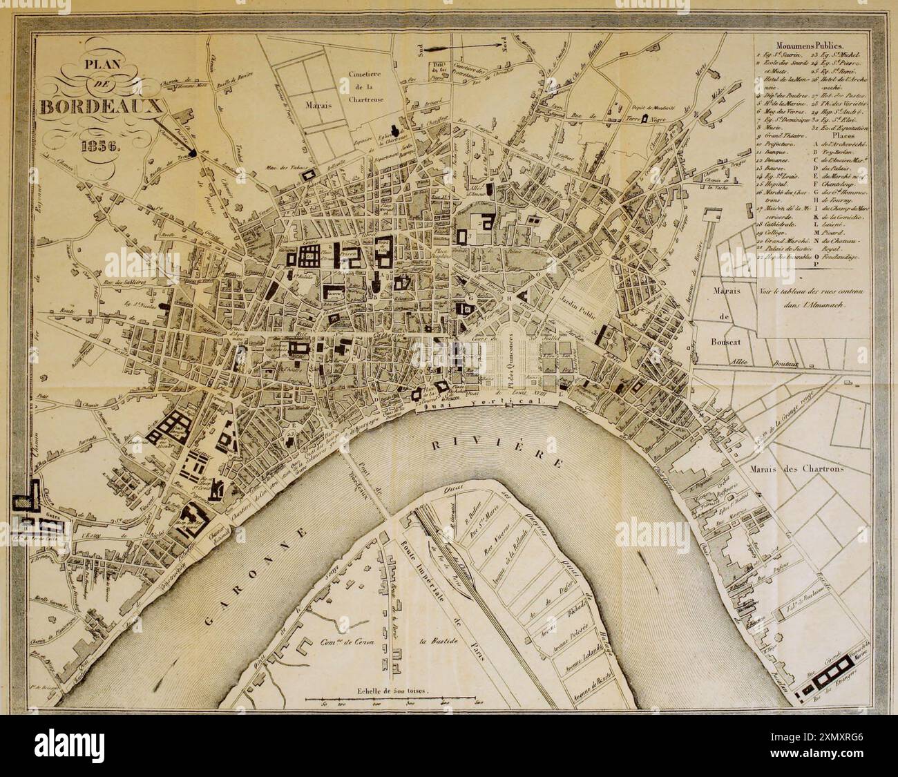 carte vintage. Plan de Bordeaux, ses environs 1856 Banque D'Images