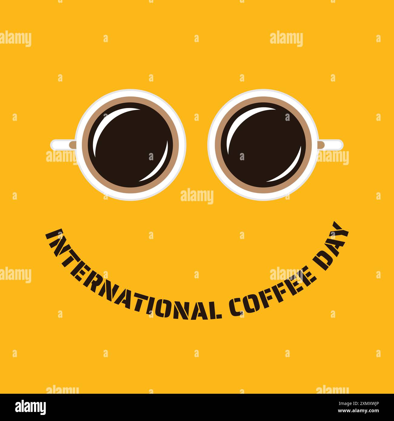 Journée internationale du café. Tasses à café avec visage souriant. Isolé sur jaune. Illustration de Vecteur