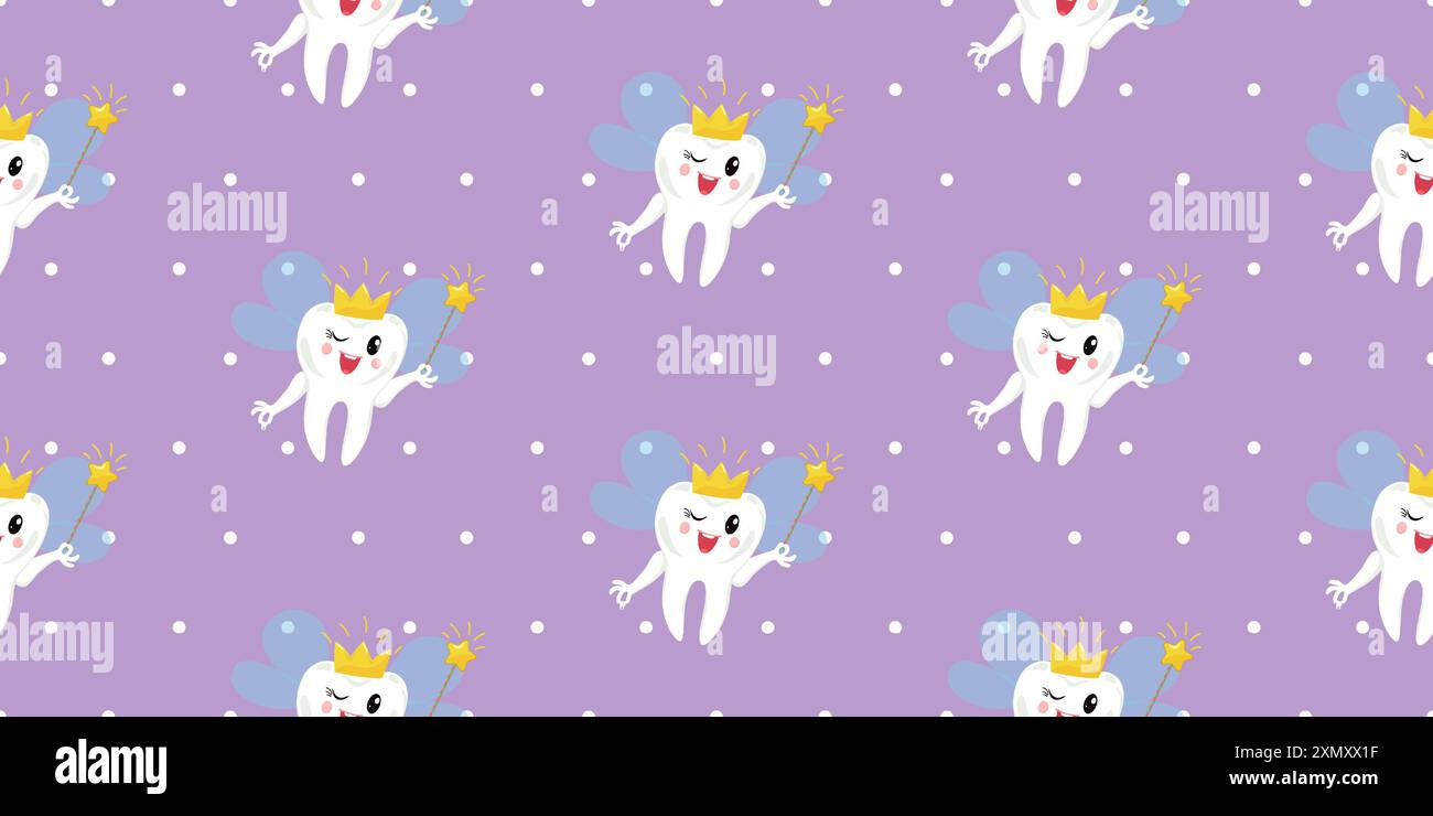Modèle sans couture avec fée de dent dans la couronne chatoyante et tenant la baguette dorée sur fond de pois violet. Convient pour papier peint, literie, wrappin Illustration de Vecteur