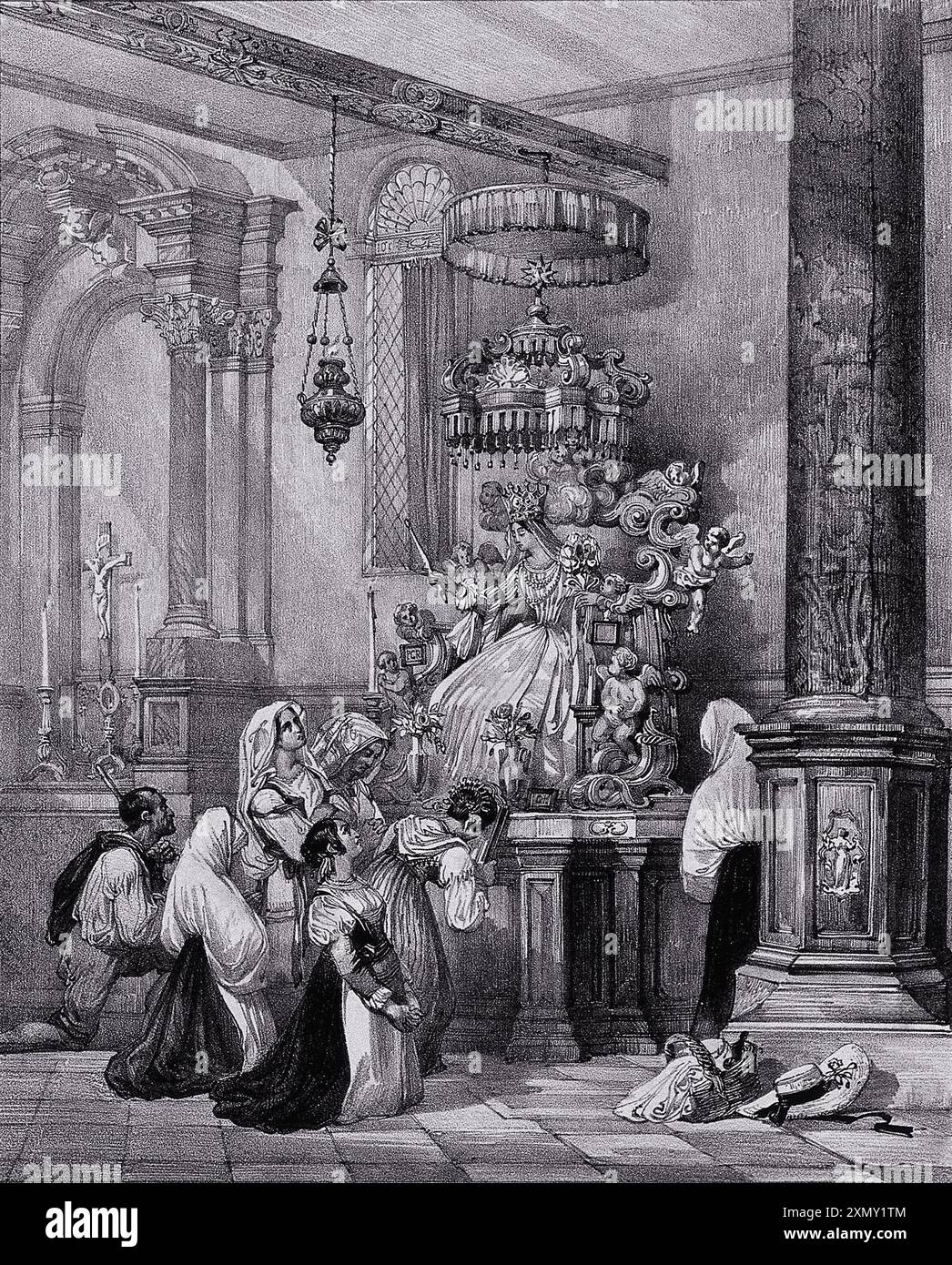 Eglise de Santa Maria dei Carmini, Venise : les femmes adorant une statue de la Vierge.Lithographie par F.S.Delpech après A. Rouargue. Banque D'Images