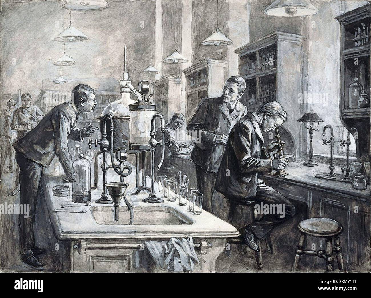 Sir Ronald Ross, C.S. Sherrington et R.W. Boyce dans un laboratoire de la Liverpool School of Tropical Medicine. Gouache de W.T. Maud, 1899. Maud, W. T., 1865-1903. Banque D'Images