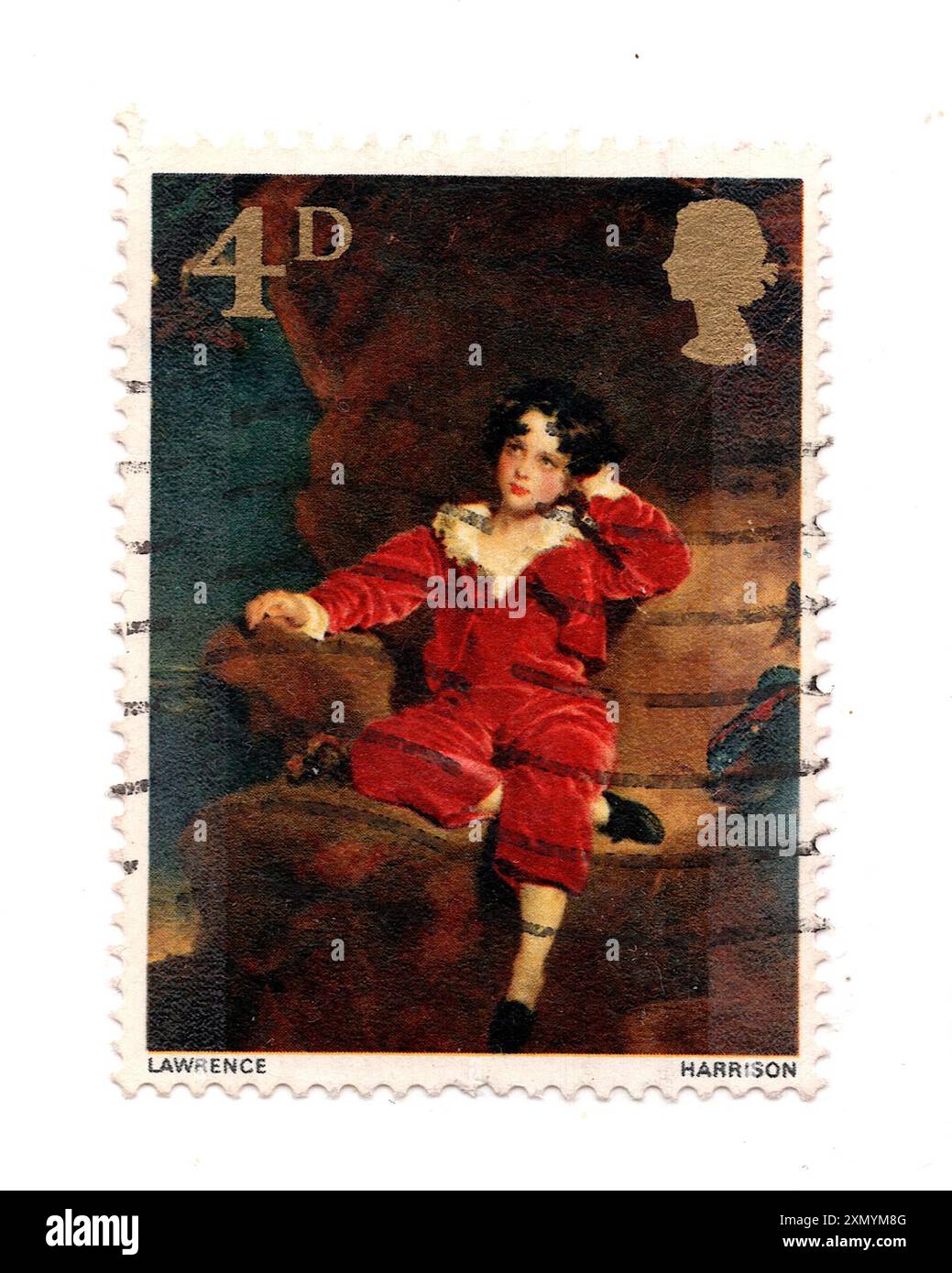 Timbre-poste vintage de la reine Elizabeth II représentant une peinture de Lawrence sur fond blanc. Banque D'Images