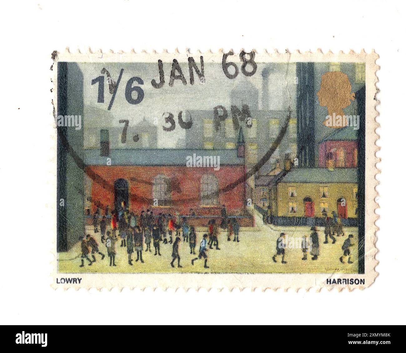 Timbre-poste vintage de la reine Elizabeth II représentant une peinture de Lowry sur fond blanc. Banque D'Images