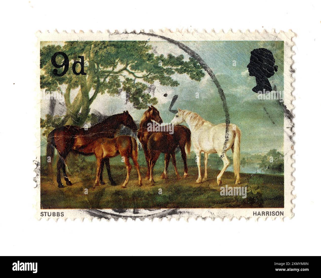 Timbre-poste vintage de la reine Elizabeth II représentant une peinture de Stubbs sur fond blanc. Banque D'Images