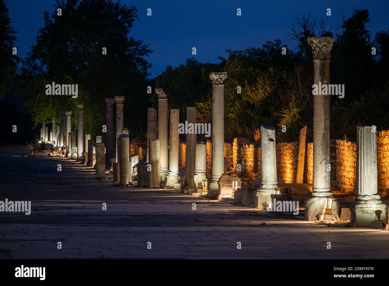 Vue en soirée de la rue à colonnes dans l'ancienne ville d'Éphèse à Selçuk Banque D'Images